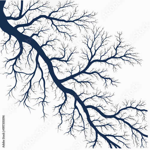 Navy blue branching tree roots or veins on white background