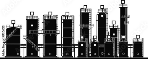 Chemical Processing Plant Silhouette, Industrial Refinery Towers Tanks Pipes Valves, Petrochemical Factory Complex Black Outline, Engineering Vector Illustration, Isolated on White