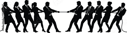 Business team tug of war silhouettes, corporate competition teamwork concept, office people pulling rope isolated on white background