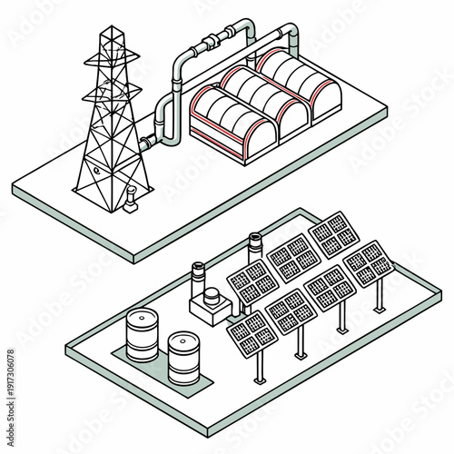 Isometric of contrasting energy systems with fossil fuel power plant and solar panels