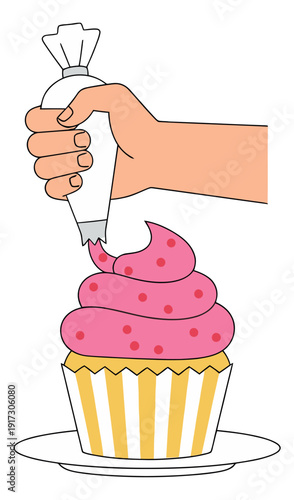 Cartoon line art illustration of a hand decorating a cupcake depicting piping pink frosting for dessert preparation