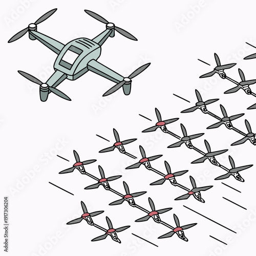 Gray drone leading swarm of smaller red and gray drones