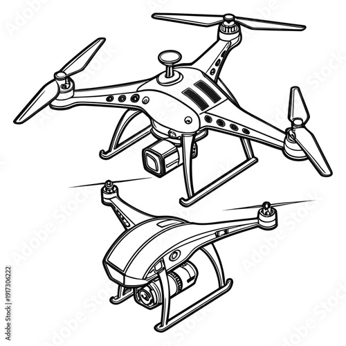Black and white line of two drones with propellers and cameras