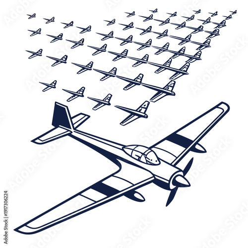Navy blue of airplanes flying in formation flight white background