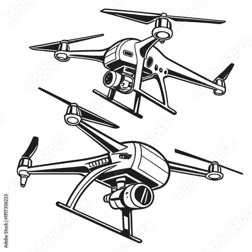 Black and white of two drones with reflective details