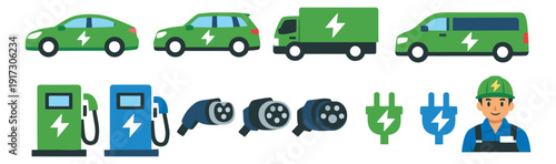 Flat vector electric vehicle icon set featuring cars, trucks, vans, charging stations, plugs, and an engineer for sustainable transportation
