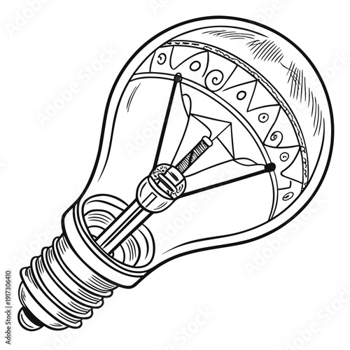 Black and white of light bulb with visible filament and decorative pattern