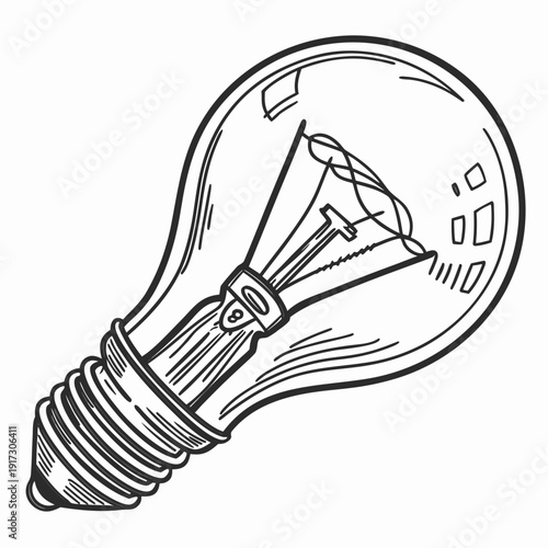 Black and white of a lightbulb with visible filament and reflection