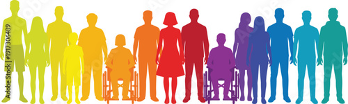 Diverse inclusive people silhouettes in rainbow colors, community diversity and disability representation concept isolated on white background illustration