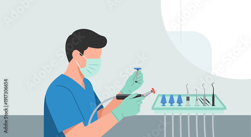 Dentist holding dental drill and instrument tray, preparing for procedure
