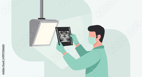 Dentist examining dental x-ray with light, modern clinic illustration