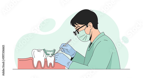 Dentist performing dental work on a tooth model, illustration