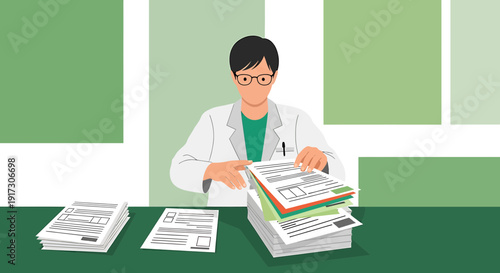Doctor organizing medical documents, paperwork, research, and patient files