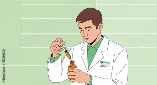 Pharmacist Preparing Medication in Syringe from Bottle