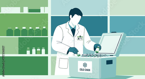 Scientist handling samples in cold chain storage for research and development
