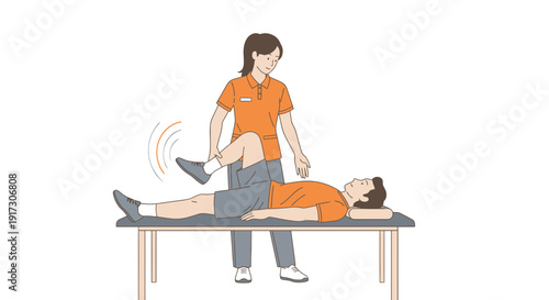 Physical therapist assisting patient with leg exercise on treatment table