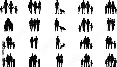 Family silhouettes collection, parents children and couples with dog isolated on white background vector illustration set