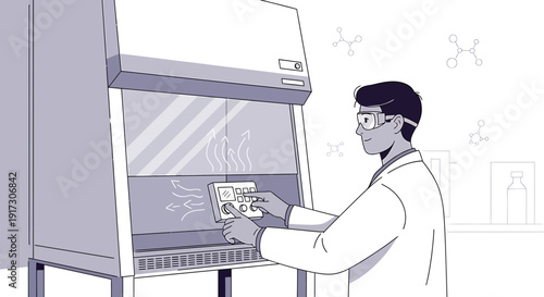 Scientist Working in Fume Hood with Digital Controls and Molecular Structures