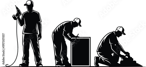 Construction Worker Silhouette Vector Set: Handyman, Builder, Craftsman, Contractor, Repairman, Maintenance, Renovation, Laborer, Tradesman, Home Improvement, Skilled Worker