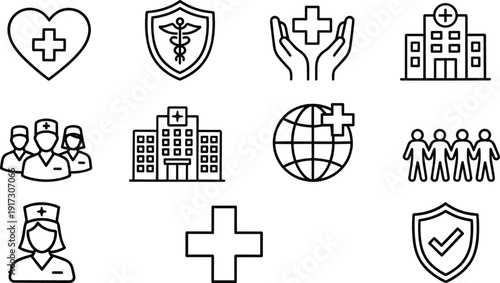 Healthcare and medical line icons set, hospital nurse insurance and patient care symbols isolated on white background