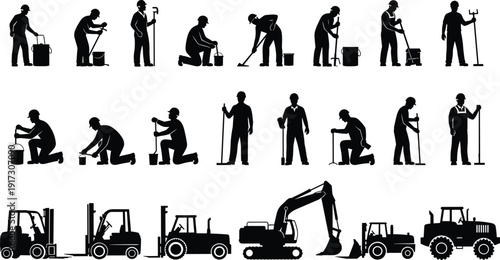 Construction Workers Silhouette Collection, Laborers Mixing Cement Digging Pouring Shoveling Forklift Excavator Tractor Operator, Building Site Crew Vector Set, Black Outline Isolated
