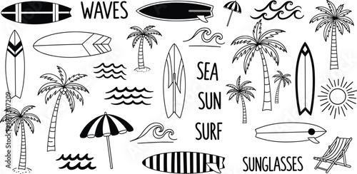 Summer beach surfing icons set, palm trees waves sun surfboard elements, cad drawing flat vector illustration, tropical ocean vacation travel,