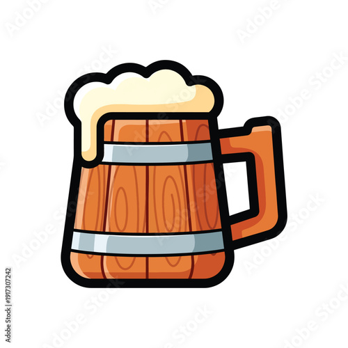 A cartoon illustration of a frothy beer mug with a wooden texture and metal bands viewed from the side