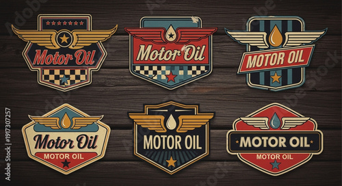Vintage Motor Oil Emblems Collection on Wood Background.