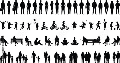 People silhouettes collection, adults children families and elderly figures isolated on white background vector illustration set