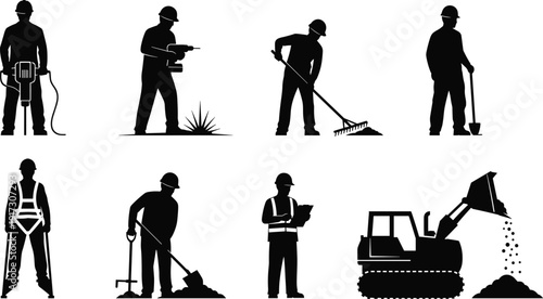 Construction Workers Silhouette Set, Laborers with Jackhammer Drill Shovel Rake Excavator Inspector Safety Harness, Building Site Crew Vector Illustration, Black Outline Isolated