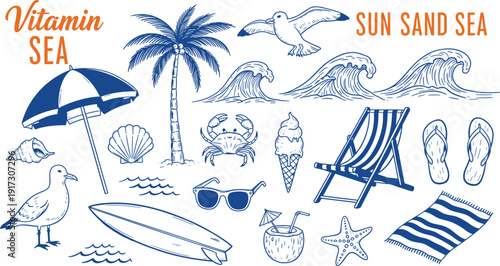Summer beach vacation elements, tropical palm tree ocean waves surfboard seagulls sun, cad drawing flat vector illustration, coastal holiday travel,