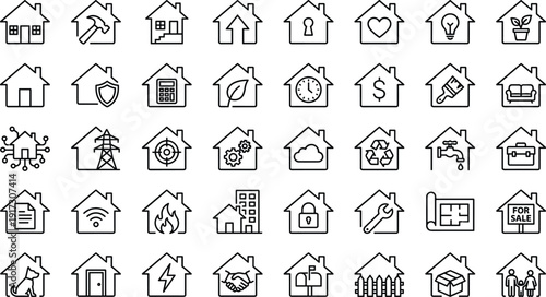 Smart home and real estate line icons set, house services property management symbols isolated on white background
