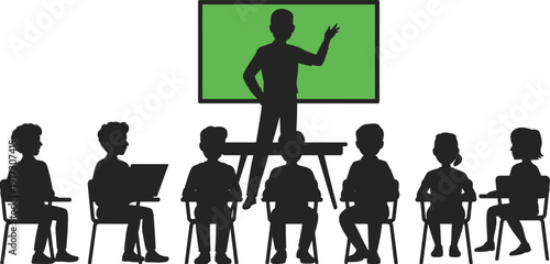 Vector illustration of teacher and students in classroom, showing lecture, education, learning, presentation, interaction, and academic lifestyle design with green board
