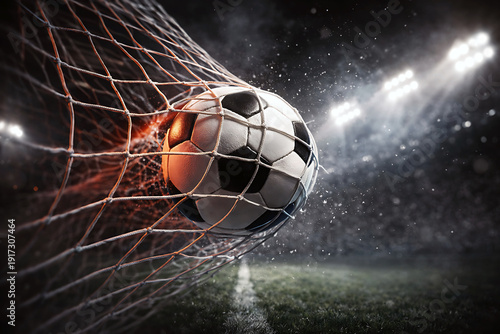 Soccer ball flying through a goal net under stadium lights with dynamic motion blur