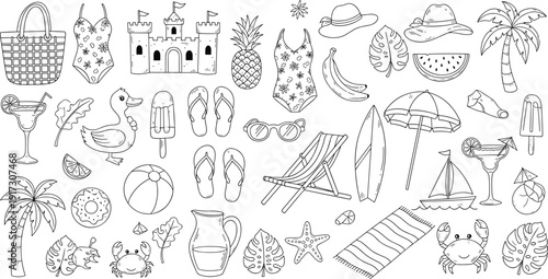 Summer beach vacation elements, tropical palm tree sandcastle surfboard crab pineapple fruit, cad drawing flat vector illustration, holiday travel icons,