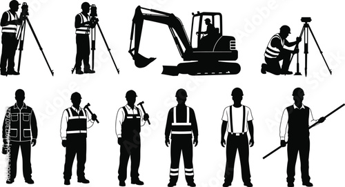 Construction Workers Silhouette Set, Surveyors Excavator Operator Foreman Engineer Safety Vest Hard Hat, Building Site Crew Vector Collection, Black Outline Isolated
