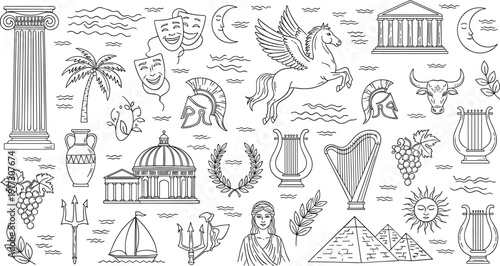 Ancient Greece mythology icons set, Pegasus Greek temple column harp theater masks, cad drawing flat vector illustration, Mediterranean history culture,