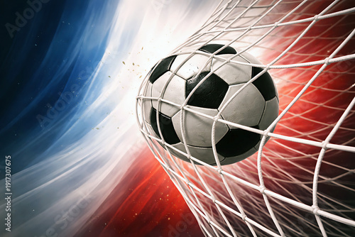 A soccer ball flying toward a goal net in a dynamic and vibrant setting