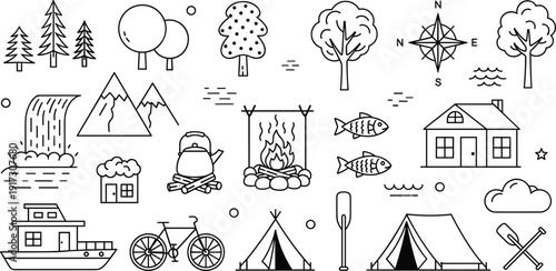 Camping outdoor recreation icons set, mountain forest nature elements, tent campfire adventure travel
