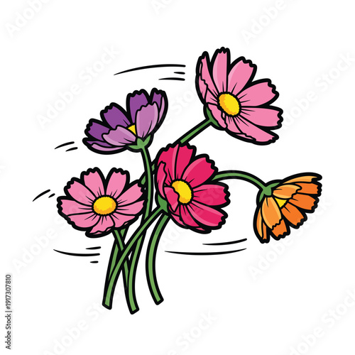 Vibrant bouquet of flowers in full bloom, illustration of colorful petals and green stems, viewed from directly above
