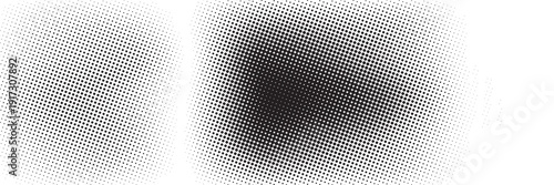 Set of halftone dots gradient pattern texture isolated on white background. Straight dotted spots using halftone circle dot raster texture. Vector blot half tone collection.