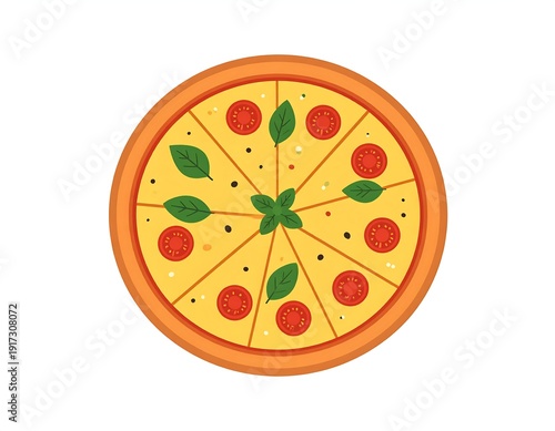 Wallpaper Mural Cartoon pizza with cheese, tomatoes, basil leaves, and pepper, cut into eight slices. Perfect for food illustrations Torontodigital.ca