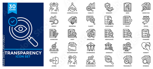 Transparency icon collection. Contains icons for clarity, disclosure, visibility, openness, accountability, audit, integrity, monitoring, inspection. Line vector illustration.
