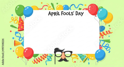 April fools' day celebration frame with colorful balloons and party decorations