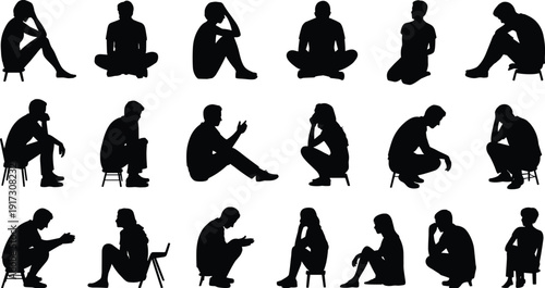 Silhouette vector illustration of people sitting in contemplative poses, showing introspection, sadness, reflection, and emotional states through minimalist lifestyle design