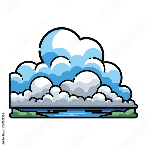 A cartoon illustration of fluffy clouds floating above a serene lake, viewed from a distance, on a calm day, with lush greenery surrounding the water's edge, depicting a peaceful atmosphere.