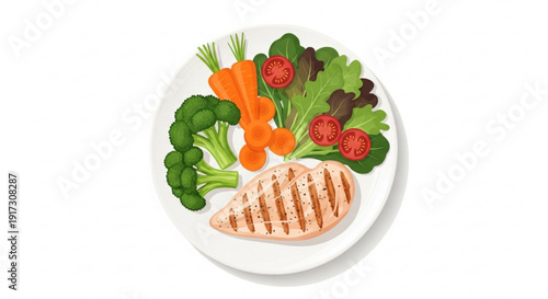 Grilled chicken breast with steamed vegetables on a white plate healthy meal concept with broccoli carrots and tomatoes