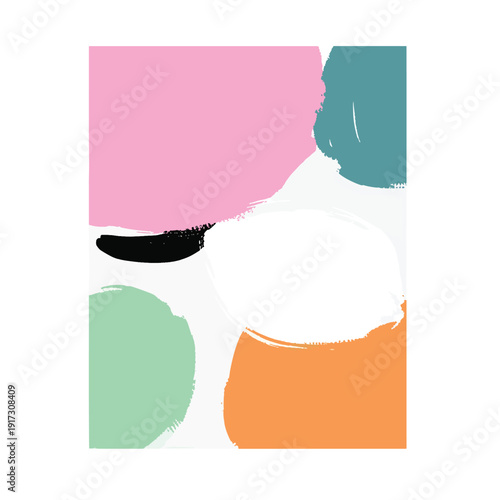 Abstract colorful shapes and forms in a modern artistic arrangement with pink, green, and orange hues
