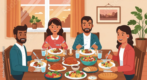 Diverse family enjoying a meal together at home with delicious food on the table