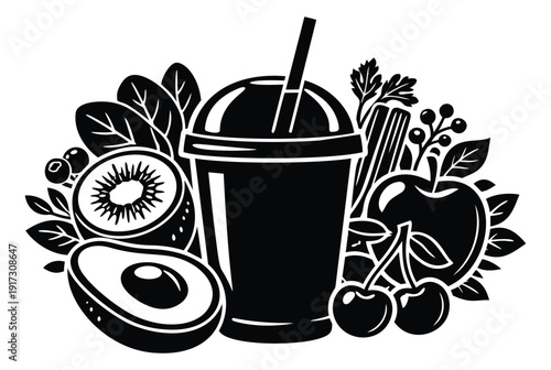 Graphic healthy smoothie ingredients set featuring a smoothie cup, assorted fruits, and leafy greens for health and wellness